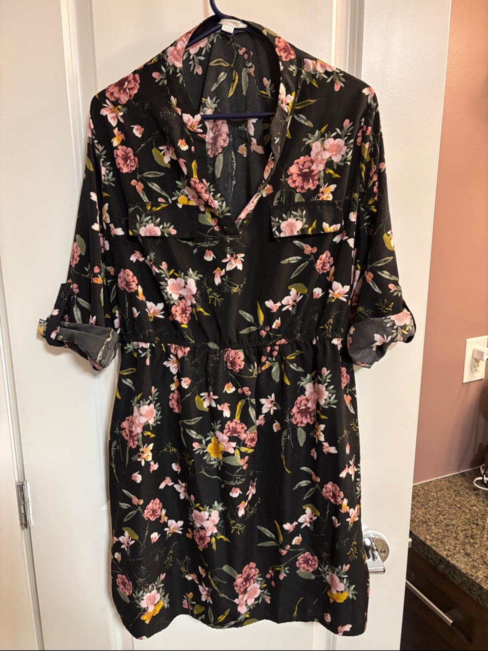 Black Floral Long-Sleeve V-Neck Dress with Pink Blooms